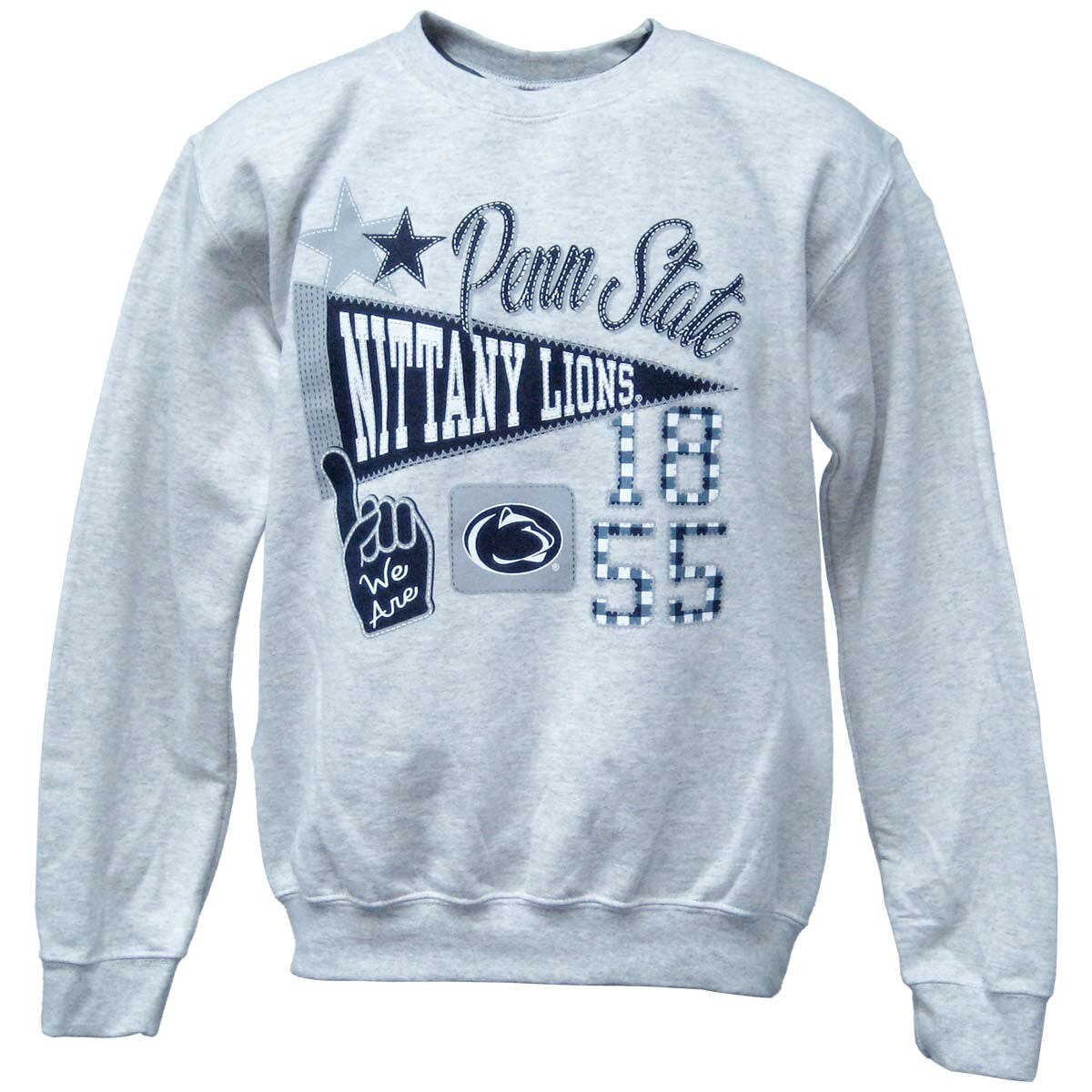 heather gray crew neck sweatshirt with patchwork style Penn State graphics
